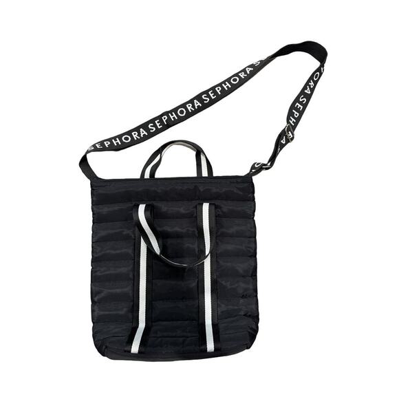 Sephora Black Quilted Nylon Logo Strap Puffer Crossbody Travel Bag Purse - Picture 1 of 5